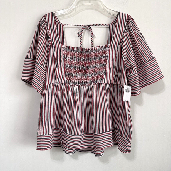 Old Navy Babydoll Swing Top L Smocked Short Sleeve Red White Blue Stripe NEW - Picture 1 of 11